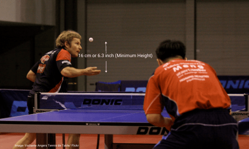 The ball is thrown vertically for a minimum height of 16 cm that follows the table tennis serving rules